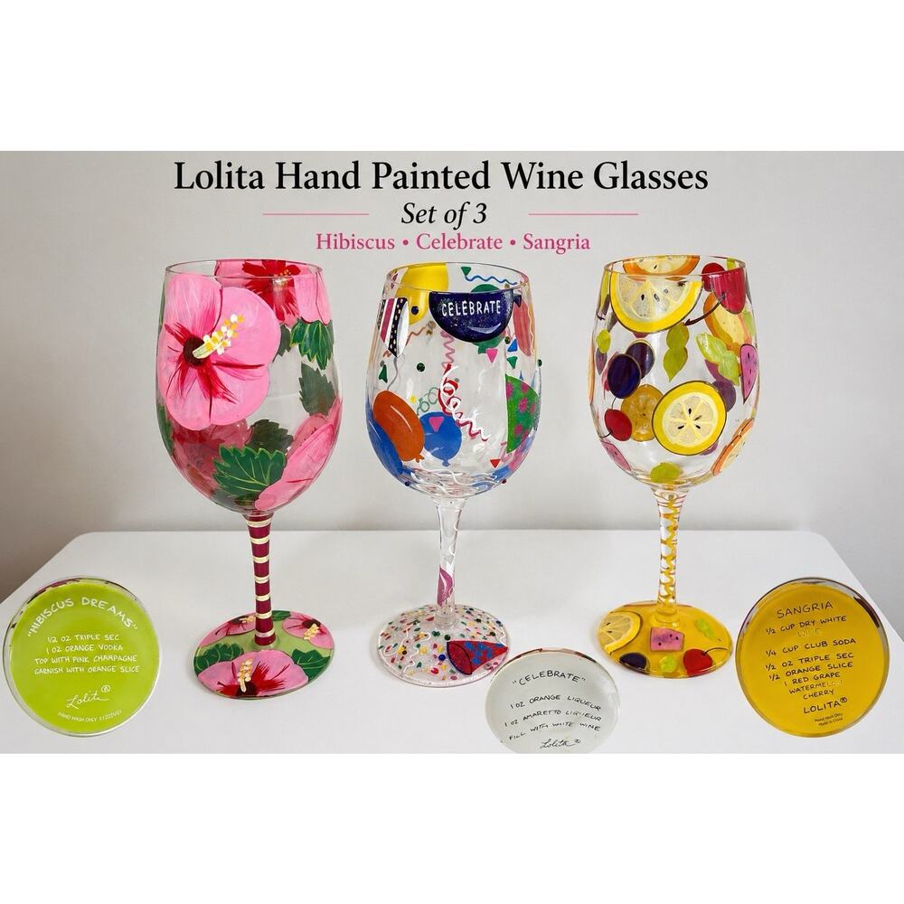 Lolita Hand Painted Wine Glasses Set of 3 Tropical Celebration Sangria